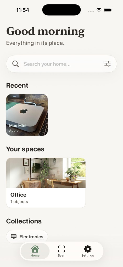 Domory home screen showing recent items, rooms, and collections
